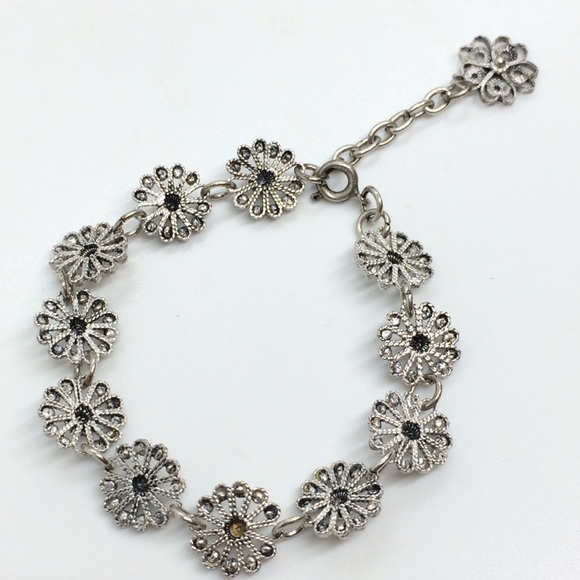 VINTAGE 925 STERLING SILVER FLOWER FILIGREE BRACELET OPEN WORK DAINTY FEMININE - Picture 7 of 10